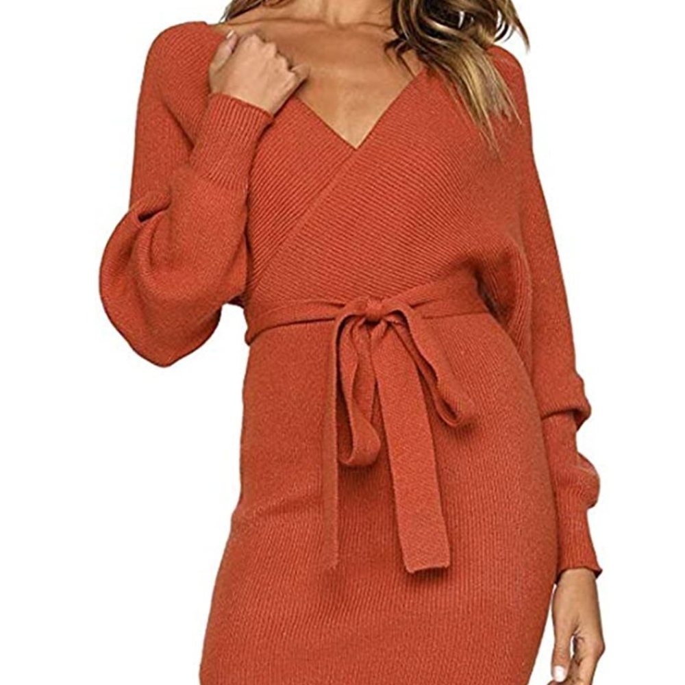 DDSOL Womens Sweater Dress Sexy V Neck Long Batwing Sleeve Bodycon Mini Dress